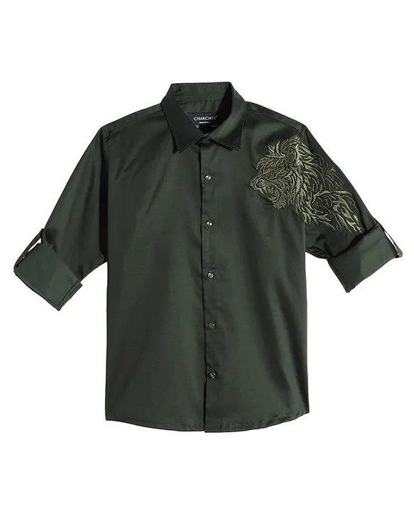Charchit Cotton Lycra Woven Full Sleeves Lion Embroidered Shirt - Dark Green